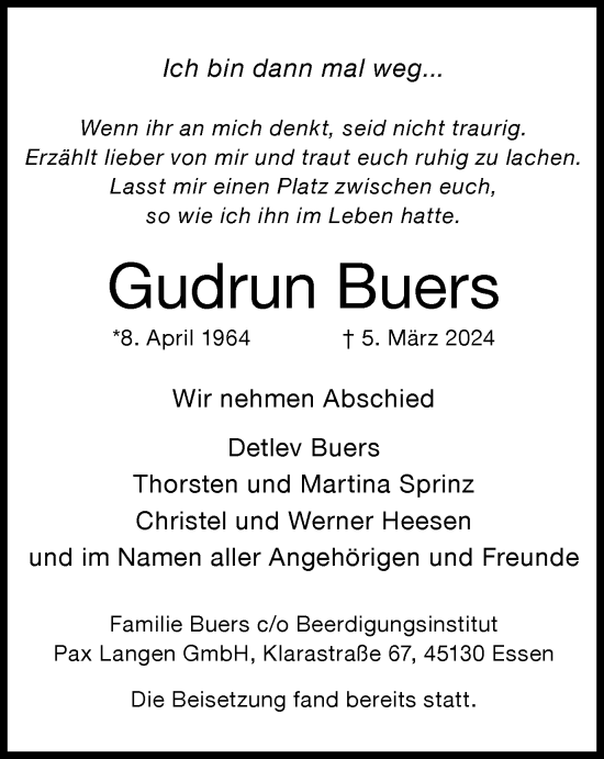 Traueranzeige von Gudrun Buers von Tageszeitung