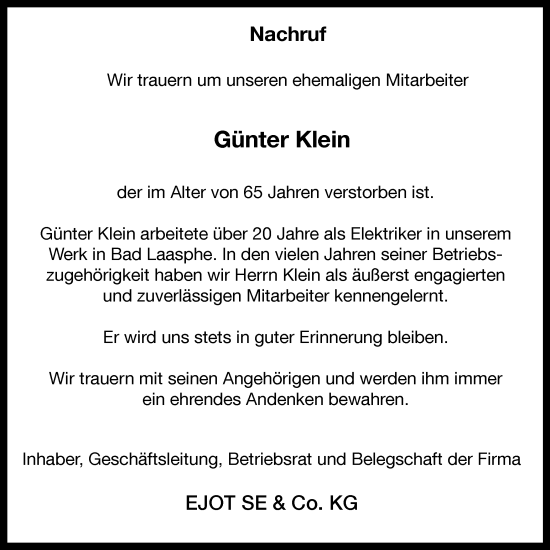 Traueranzeige von Günter Klein von Tageszeitung