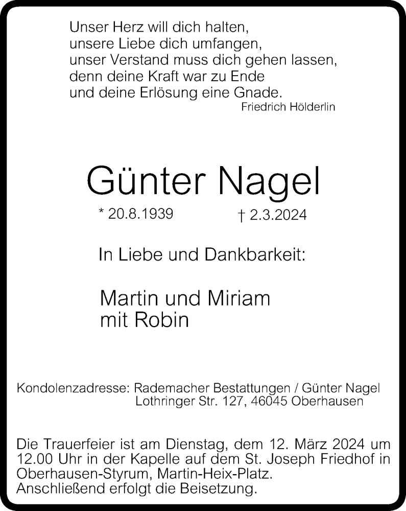  Traueranzeige für Günter Nagel vom 09.03.2024 aus Tageszeitung