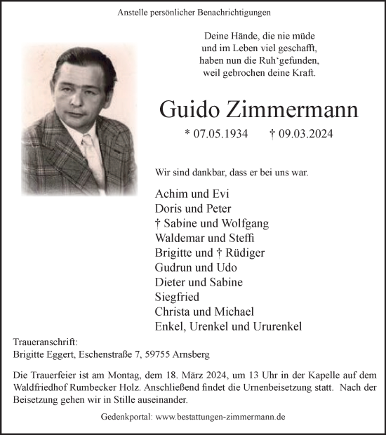 Traueranzeige von Guido Zimmermann von Tageszeitung