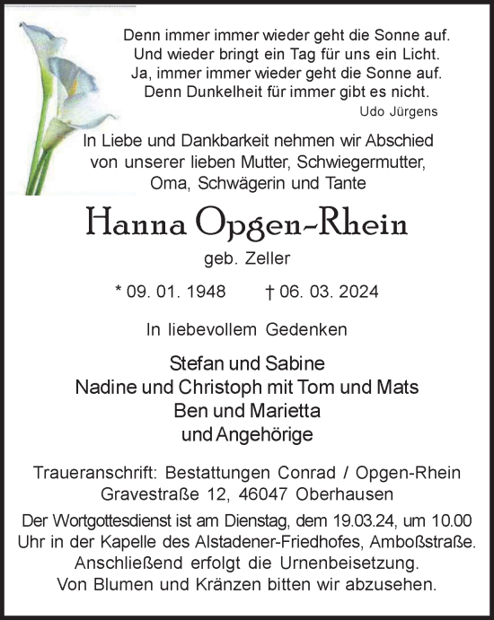 Traueranzeige von Hanna Opgen-Rhein von Tageszeitung