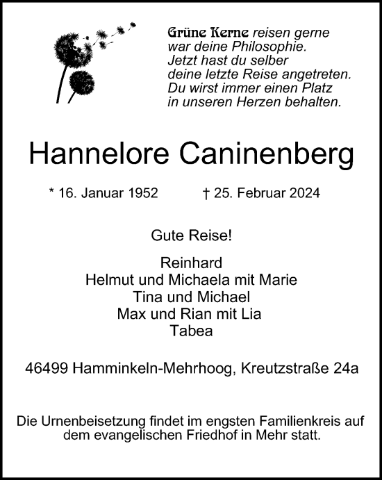 Traueranzeige von Hannelore Caninenberg von Tageszeitung