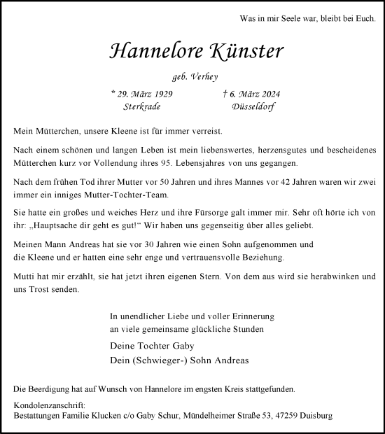 Traueranzeige von Hannelore Künster von Tageszeitung
