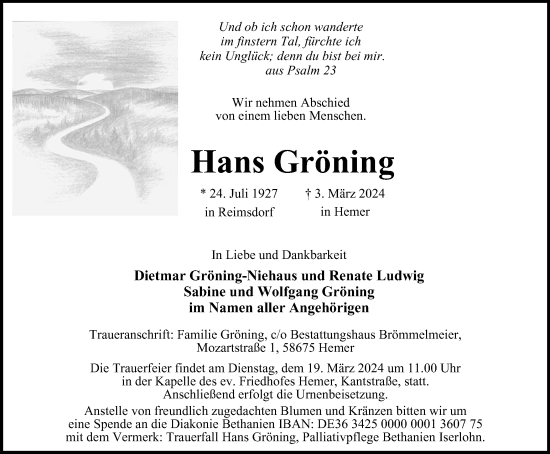 Traueranzeige von Hans Gröning von Tageszeitung