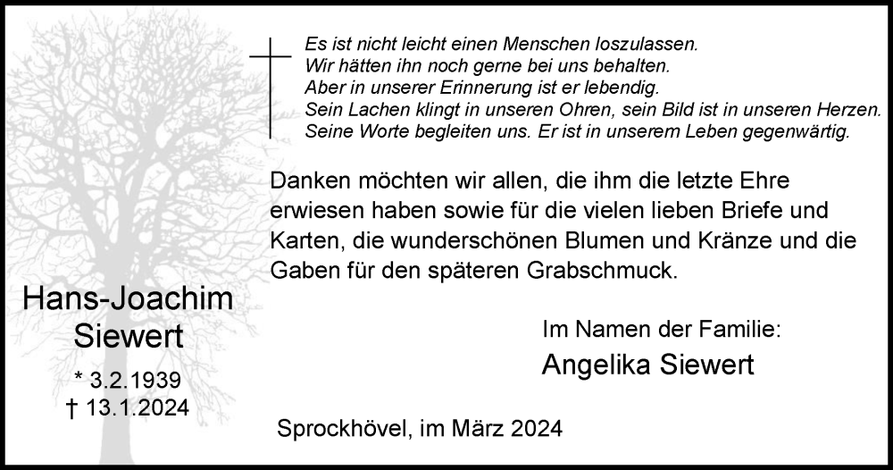  Traueranzeige für Hans-Joachim Siewert vom 02.03.2024 aus Tageszeitung
