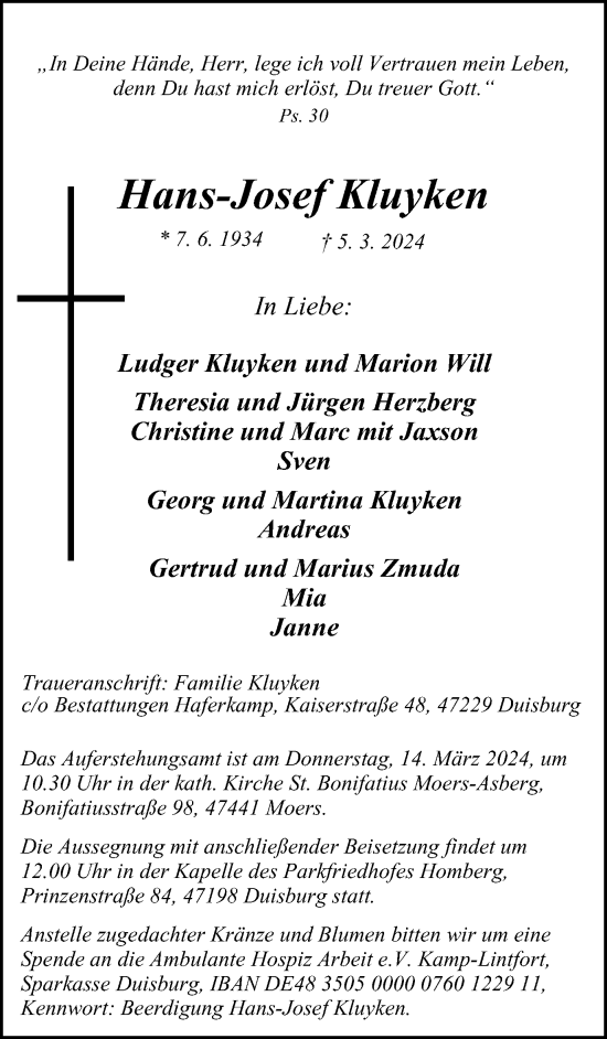 Traueranzeige von Hans-Josef Kluyken von Tageszeitung