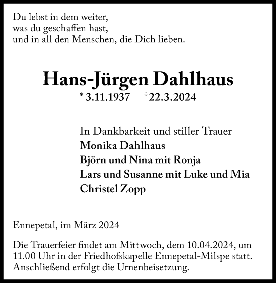 Traueranzeige von Hans-Jürgen Dahlhaus von Tageszeitung