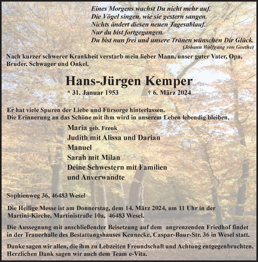  Traueranzeige für Hans-Jürgen Kemper vom 09.03.2024 aus Tageszeitung