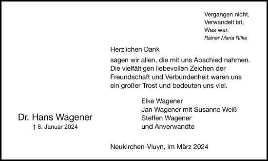 Traueranzeige von Hans Wagener von Tageszeitung