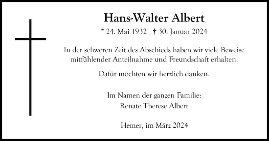 Traueranzeige von Hans-Walter Albert von Tageszeitung