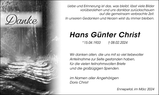 Traueranzeige von Hans Günter Christ von Tageszeitung