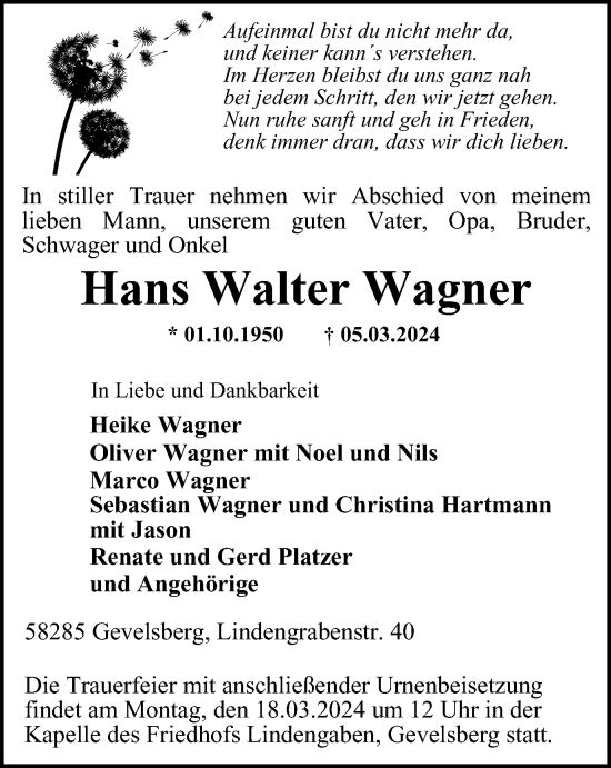 Traueranzeige von Hans Walter Wagner von Tageszeitung
