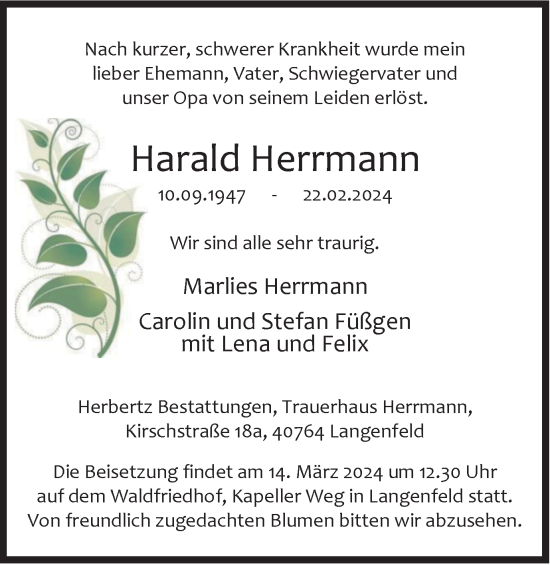 Traueranzeige von Harald Herrmann von Tageszeitung