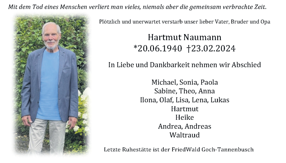  Traueranzeige für Hartmut Naumann vom 16.03.2024 aus Tageszeitung