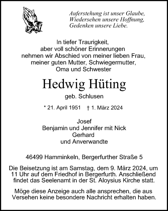 Traueranzeige von Hedwig Hüting von Tageszeitung