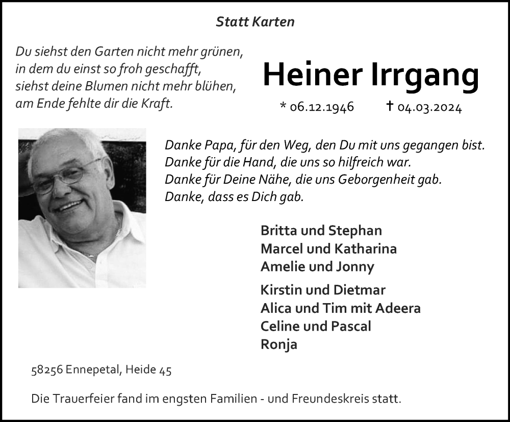  Traueranzeige für Heiner Irrgang vom 16.03.2024 aus Tageszeitung