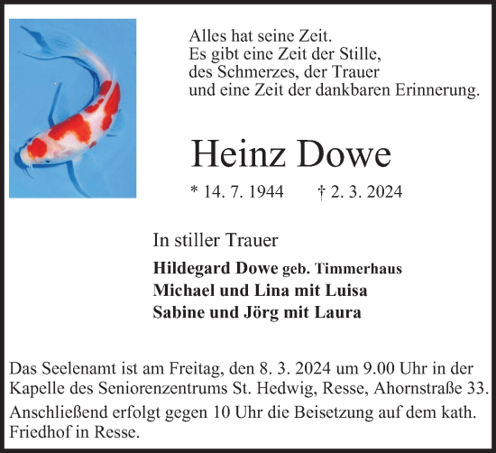 Traueranzeige von Heinz Dowe von Tageszeitung
