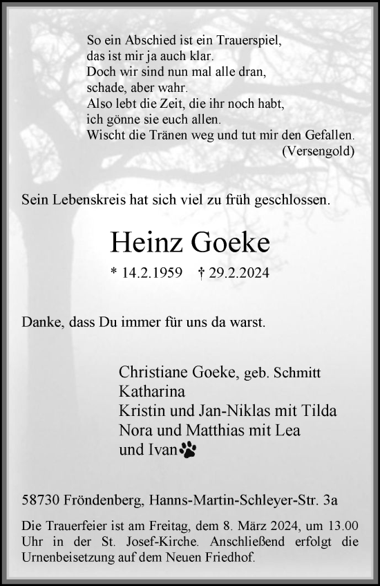 Traueranzeige von Heinz Goeke von Tageszeitung