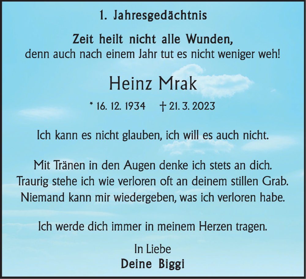  Traueranzeige für Heinz Mrak vom 23.03.2024 aus Tageszeitung