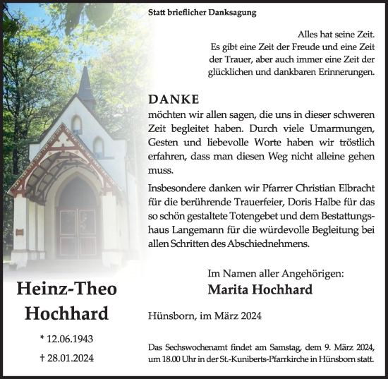 Traueranzeige von Heinz-Theo Hochhard von Tageszeitung