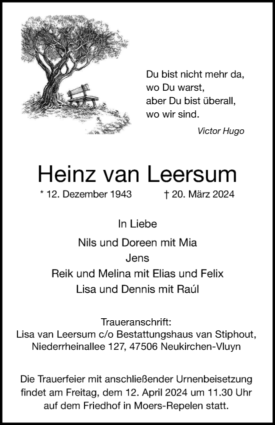 Traueranzeige von Heinz van Leersum von Tageszeitung