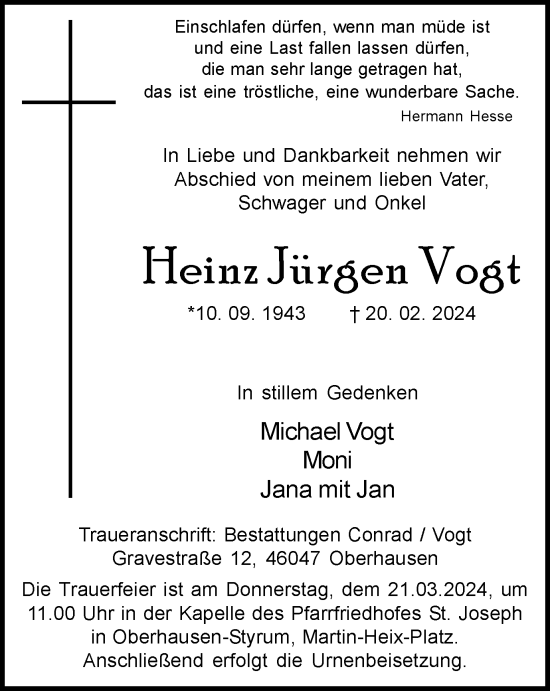 Traueranzeige von Heinz  Vogt von Tageszeitung