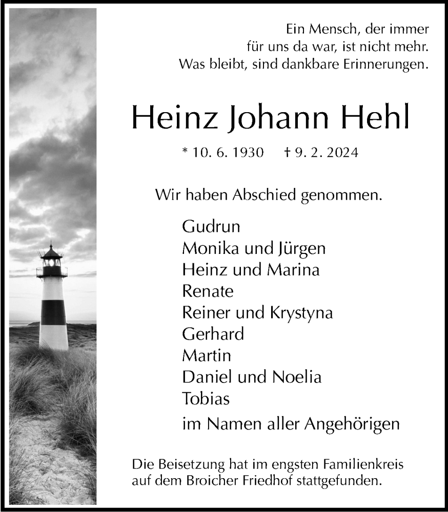  Traueranzeige für Heinz Johann Hehl vom 02.03.2024 aus Tageszeitung