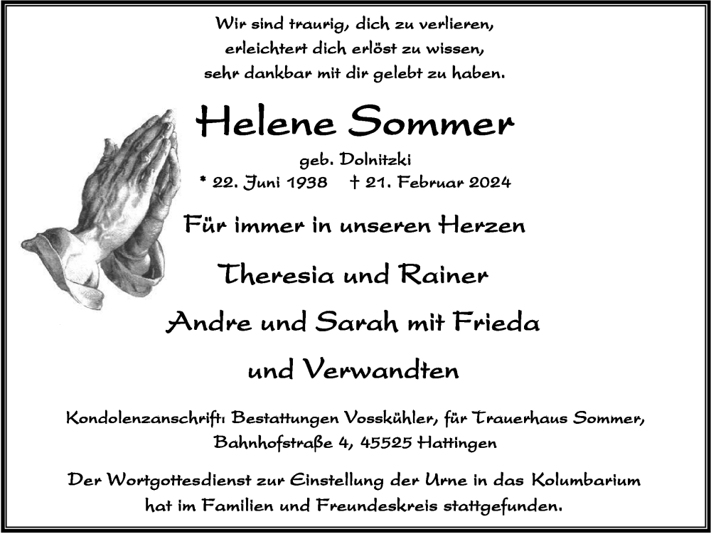  Traueranzeige für Helene Sommer vom 09.03.2024 aus Tageszeitung