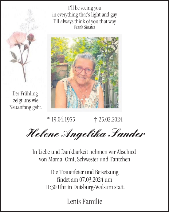 Traueranzeige von Helene Angelika Sander von Tageszeitung