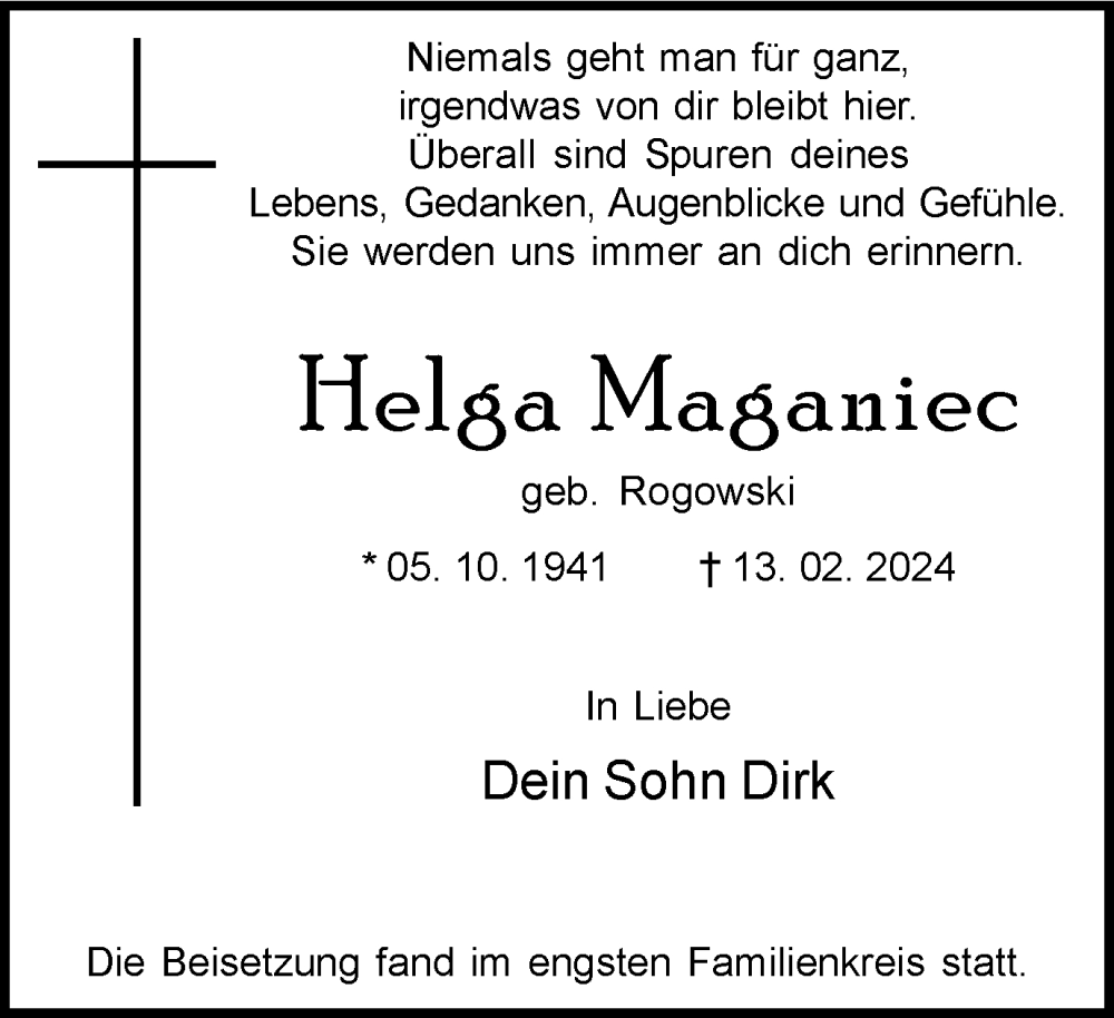  Traueranzeige für Helga Maganiec vom 09.03.2024 aus Tageszeitung