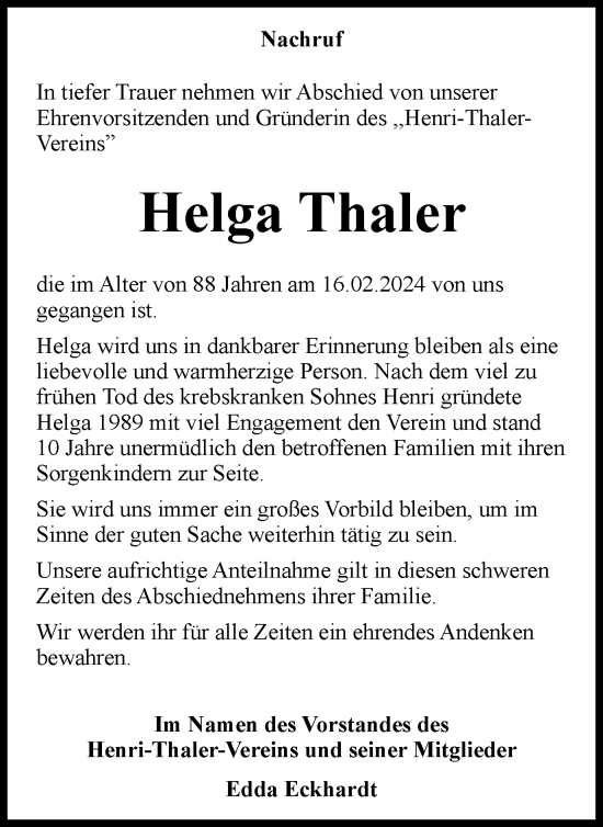 Traueranzeige von Helga Thaler von Tageszeitung
