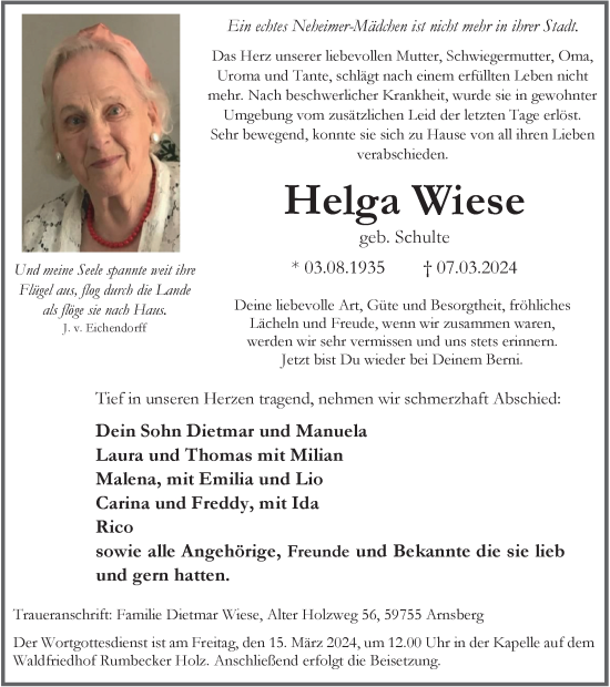 Traueranzeige von Helga Wiese von Tageszeitung