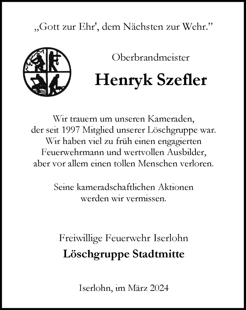  Traueranzeige für Henryk Szefler vom 30.03.2024 aus Tageszeitung
