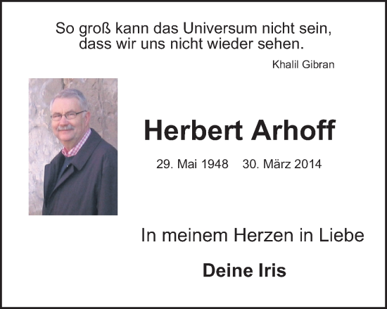 Traueranzeige von Herbert Arhoff von Tageszeitung