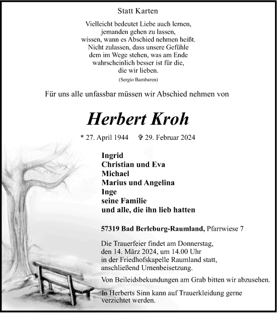 Traueranzeige von Herbert Kroh von Tageszeitung