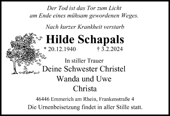 Traueranzeige von Hilde Schapals von Tageszeitung