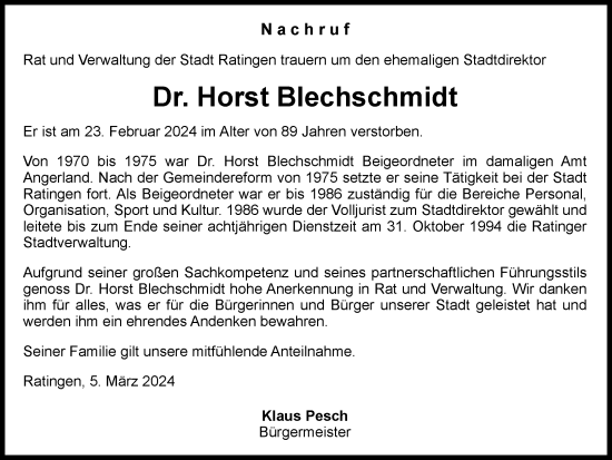 Traueranzeige von Horst Blechschmidt von Tageszeitung