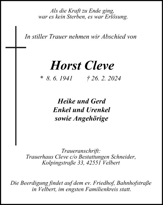 Traueranzeige von Horst Cleve von Tageszeitung