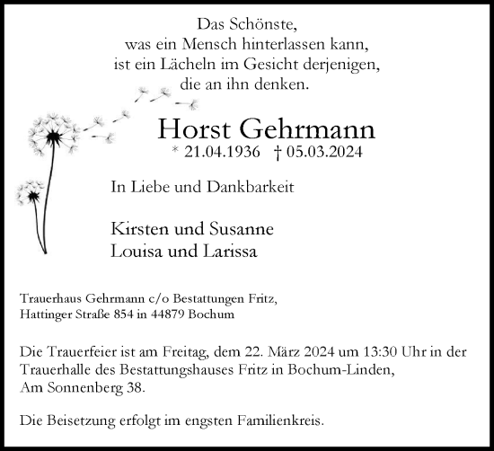 Traueranzeige von Horst Gehrmann von Tageszeitung