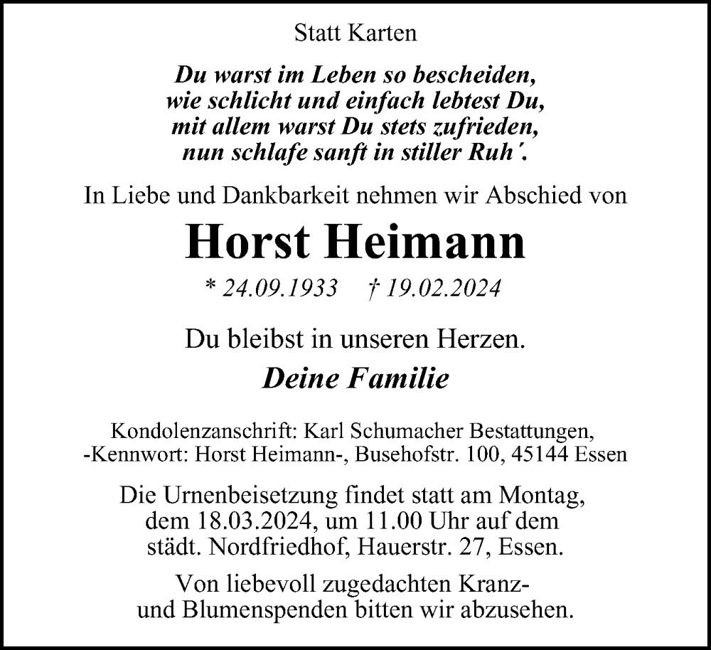  Traueranzeige für Horst Heimann vom 09.03.2024 aus Tageszeitung