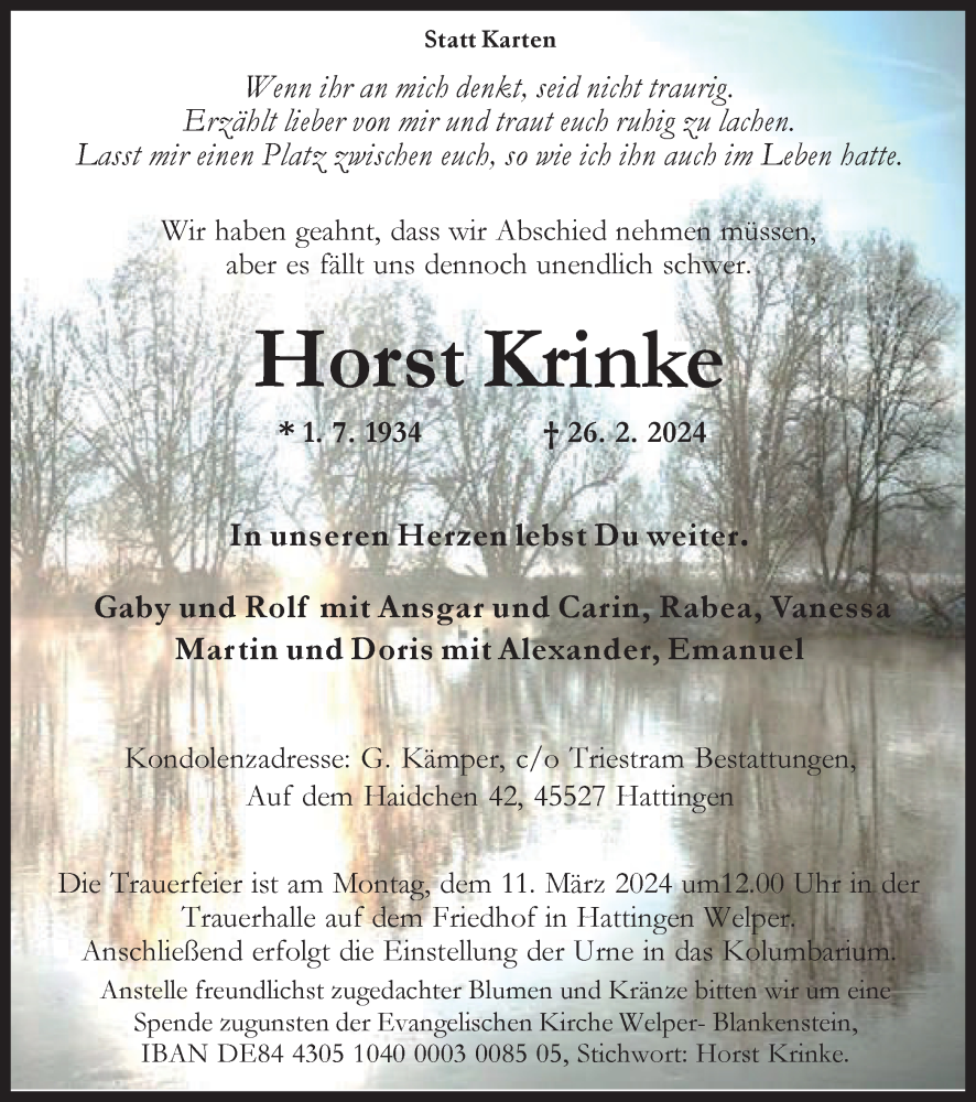  Traueranzeige für Horst Krinke vom 09.03.2024 aus Tageszeitung