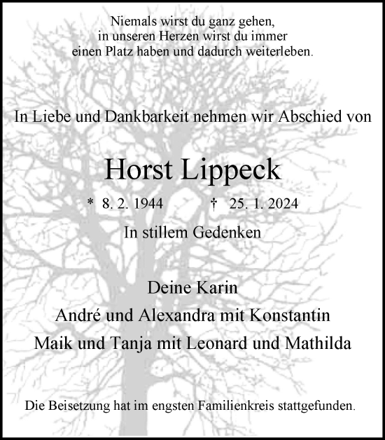 Traueranzeige von Horst Lippeck von Tageszeitung