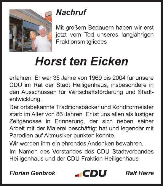 Traueranzeige von Horst ten Eicken von Tageszeitung