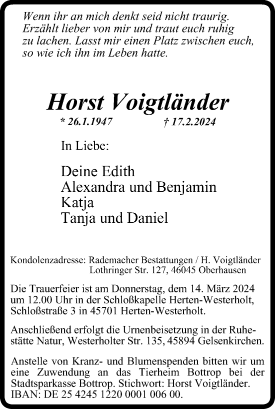 Traueranzeige von Horst Voigtländer von Tageszeitung