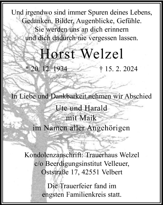 Traueranzeige von Horst Welzel von Tageszeitung