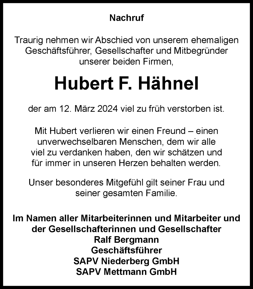  Traueranzeige für Hubert Hähnel vom 23.03.2024 aus Tageszeitung