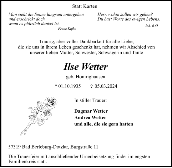 Traueranzeige von Ilse Wetter von Tageszeitung