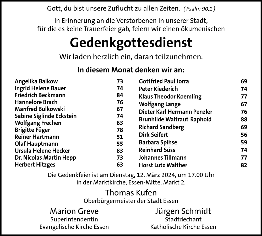  Traueranzeige für In Erinnerung an die Verstorbenen in unserer Stadt  vom 09.03.2024 aus Tageszeitung