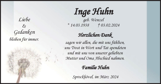 Traueranzeige von Inge Huhn von Tageszeitung