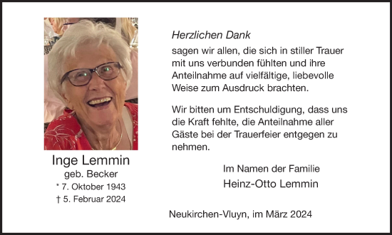 Traueranzeige von Inge Lemmin von Tageszeitung